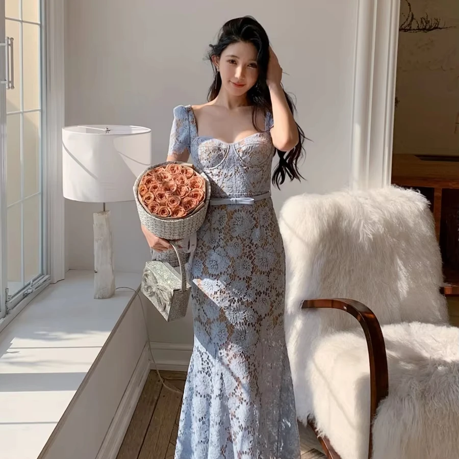 sachin and babi light blue dress Giulia High Collar Lace Midi Dress – Fashion Pov main image 1