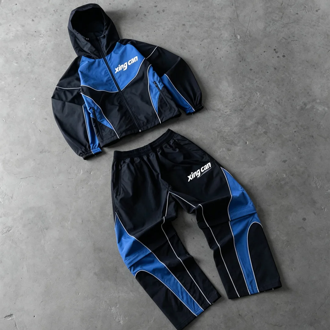 Fabriekspesifieke vintage-straatklere kapstuk-tracksuit vir mans, los en reguit vir mans, DTG-digitale druk oefenbaadjie, sportklere OEM