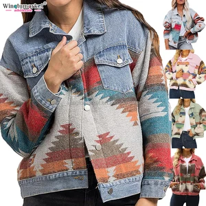 Custom Acid Wash Jean Woman Jackets Button Down Ladies Long Sleeve Warm Aztec Shacket Cropped Denim Jacket for Women