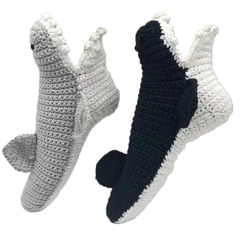 Wholesale Animal 3D crochet shark socks for mens winter cotton yarn handmade shark slippers funny cute novelty shark floor socks