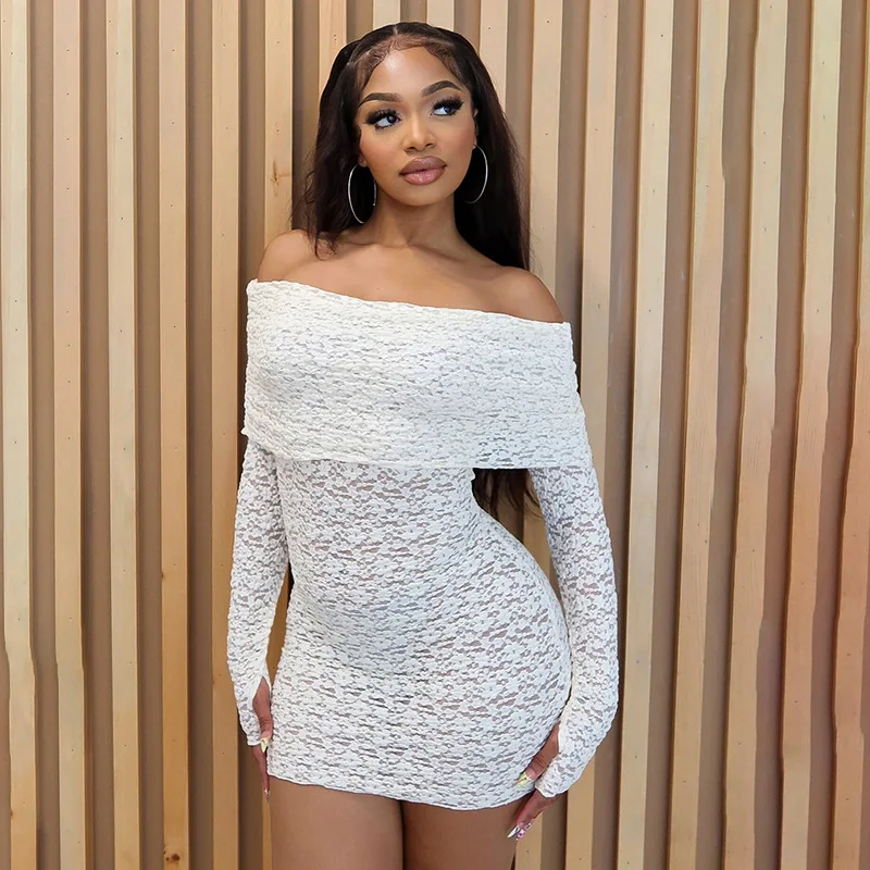 King Mcgreen Star New Design Women off Shoulder See Through Lace Dress Long  Sleeve l Tight Fitting Mini Shorts Dresses