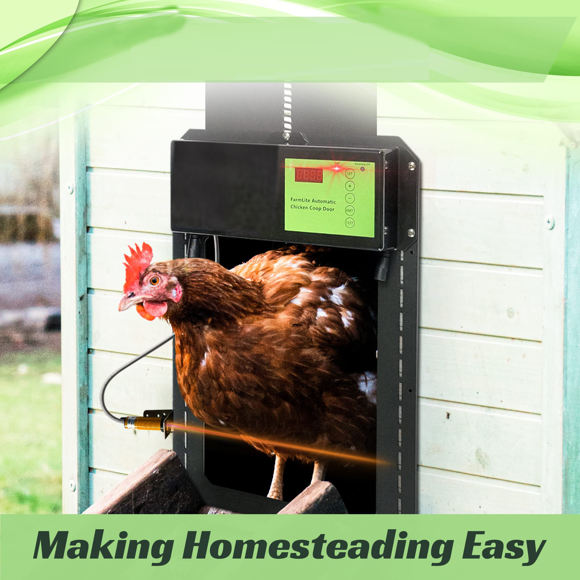 アロマナノ新型自動鶏小屋ドア、タイマー付き光センサー、ソーラー電源