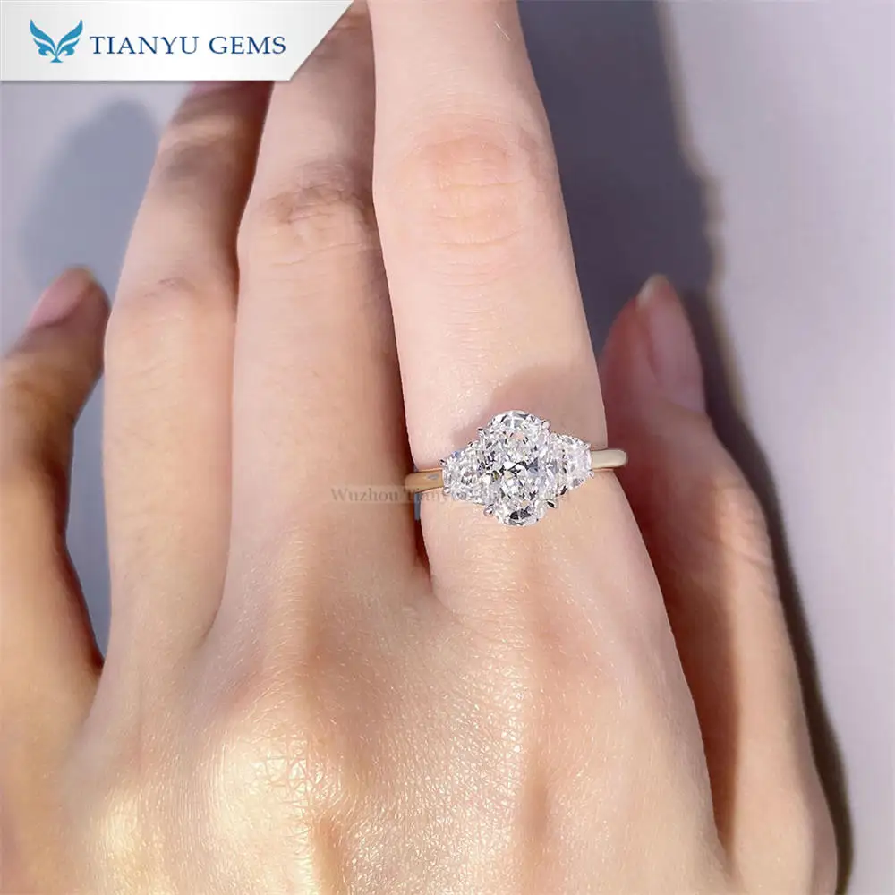 Tianyu Gems Oval Lab Diamond Yellow Gold Material Three Stone Wedding Ring for Women