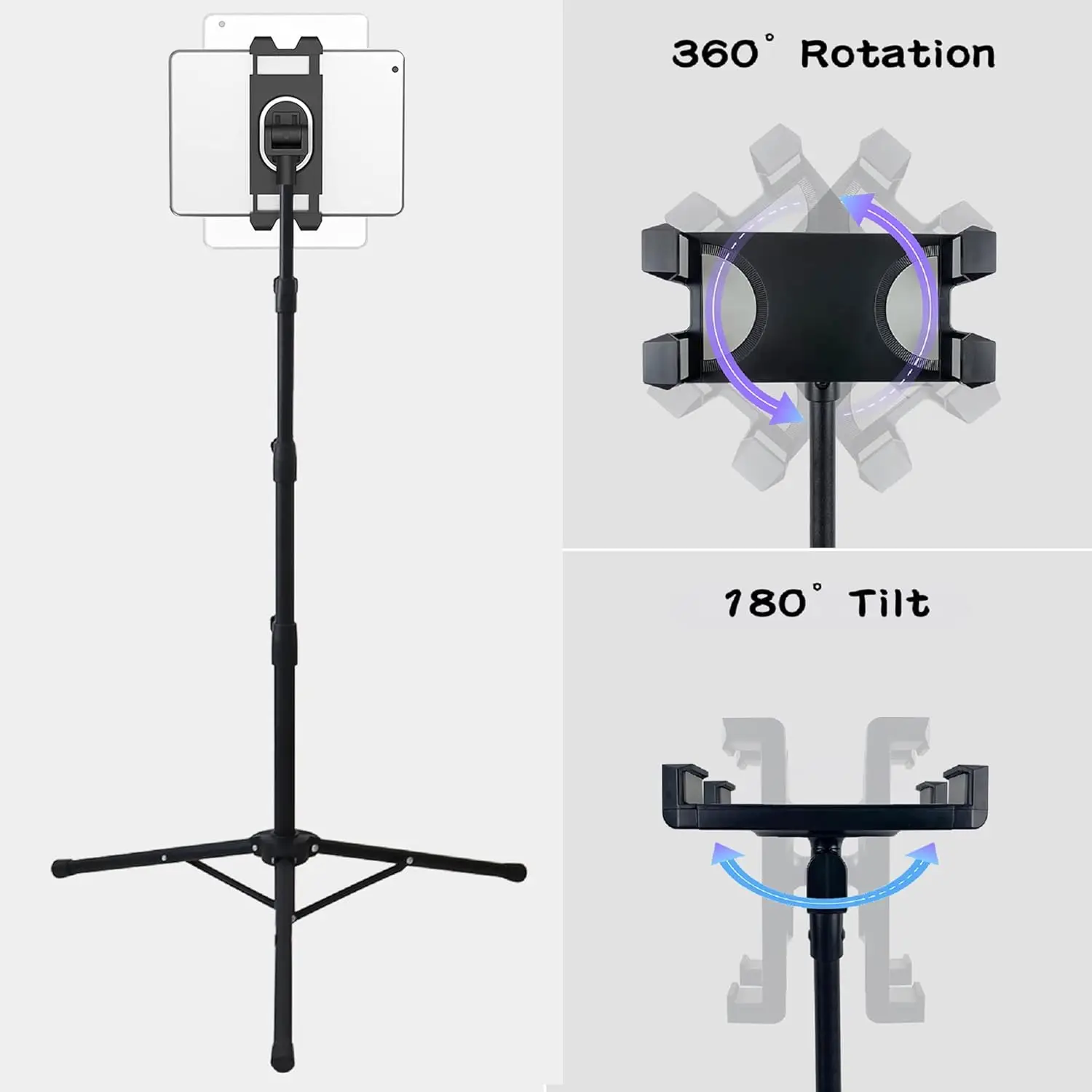 Trípode para tableta ajustable en altura, soporte de montaje giratorio 360 grados y soporte de suelo para dispositivos de 5-12,9 pulgadas