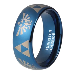 Coolstyle Jewelry 8mm Blue Tungsten Ring for Men Women Wedding Band Laser Pattern Engraved Domed Polished Shiny Comfort Fit