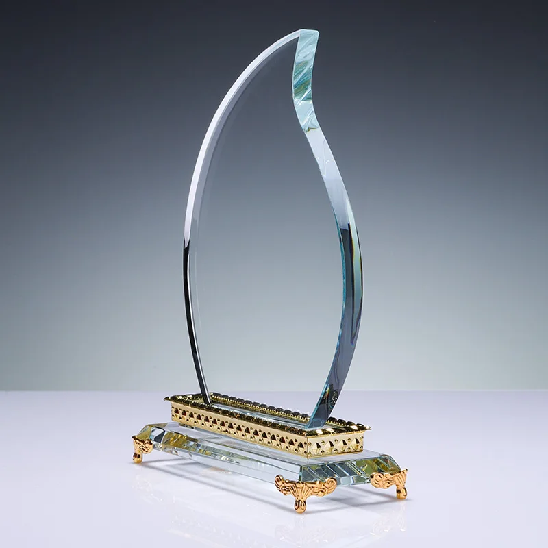 PuJiang Glass Trophy Manufacturer Blank Glass Award With Gold Metal Base manufacture