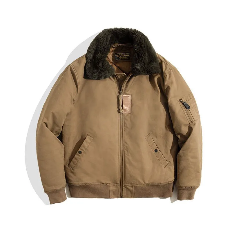 mens winter thick cotton fabric classical pilot jacket with fur collar high quality outdoor autumn coat mens_voghion.com