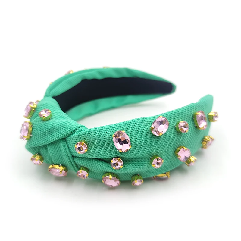 Shenglan Custom Hand-sewn Green Headband With Pink Crystals Designer ...