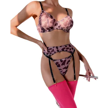 New Sexy Floral Leopard Print Mesh Lingerie Set Women's Four Piece Underwear with Contrast Color Stockings