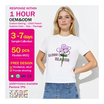 Custom Women's 100% Cotton Knitted Oversized T-Shirt Summer Eco-Friendly Flower Design with Rhinestone DTG Print