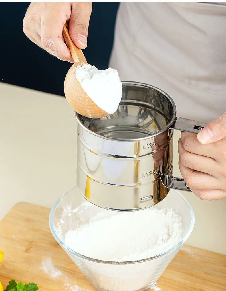 Stainless Steel Shaker Sieve Cup Mesh Crank Flour Sifter with Measuring Scale for Flour Icing Sugar