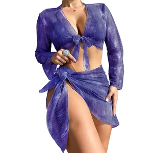 Retro Gradient Tie Dye Purple Green Sunscreen One-Piece Bikini Suit with Front Logo & Ruffles Fashionable Beach Spa Swimsuit