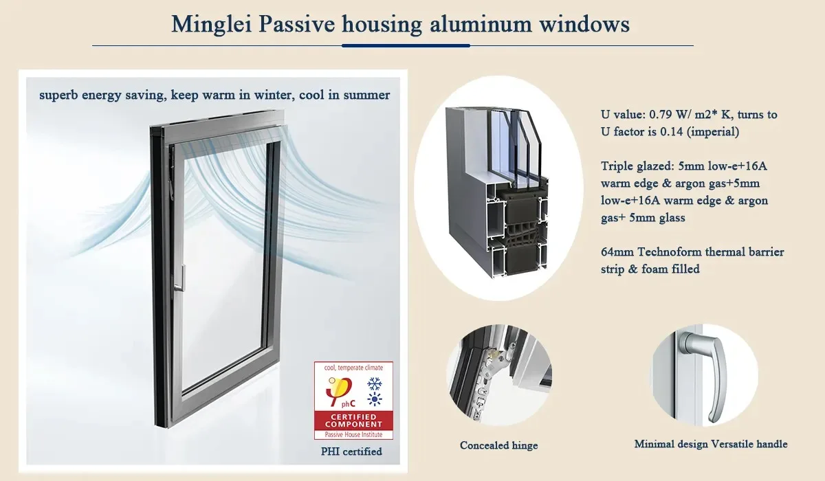 Minglei European Standard Best Triple Pane Windows Triple Glazed Aluminium Windows manufacture