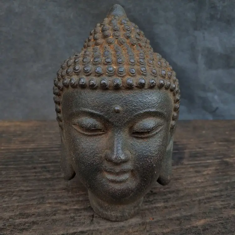 Old Chinese Buddhist Fengshui Iron Carved Buddha head Statue 