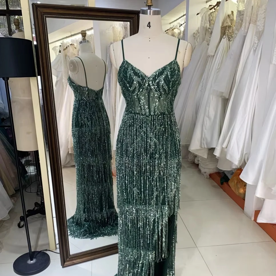 2025 V Neck Elegant Evening Prom Dress Beaded With Tassel Sequined Dress for Women Elegant Floor-length Dress