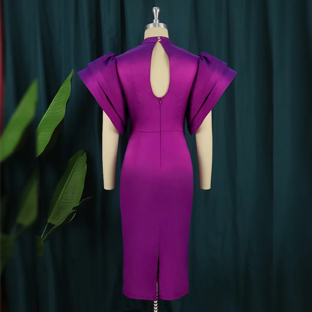 strapless open back dress Plus Size short puff sleeves V-Neck Flowy Flare Midi Dress with Pocket main image 1