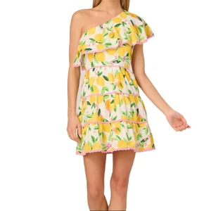 Custom High Quality Summer Causal One Shoulder Ruffle Lemon Print Mini Dress in White Multi Dress Elegant a Line Skirt