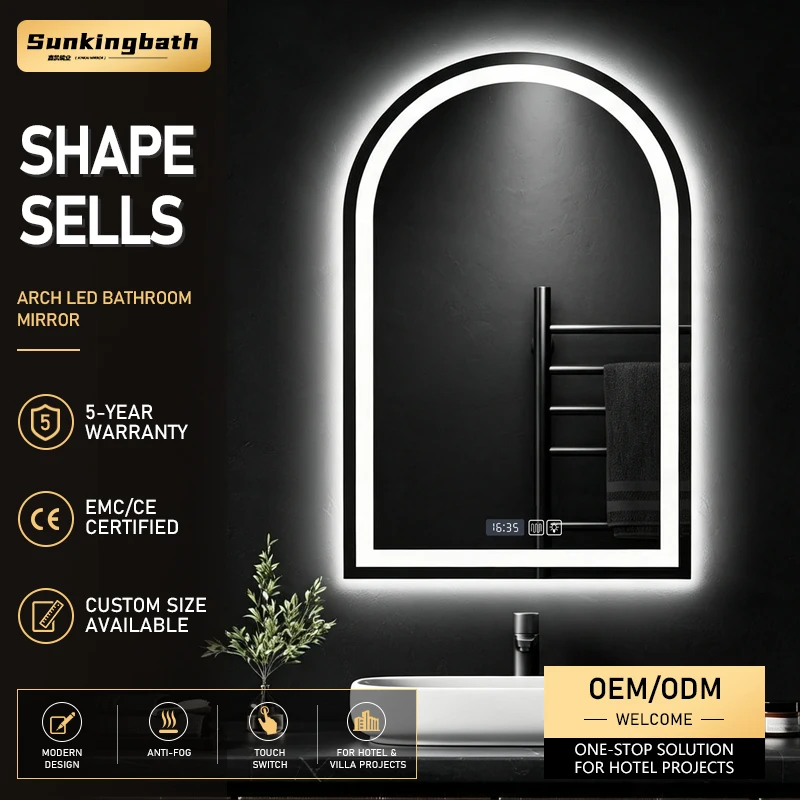 Modern Arch Led Anti-fog Mirror Touch Screen Frameless Touch Mirror Arched Smart Bathroom Mirror with Led Light