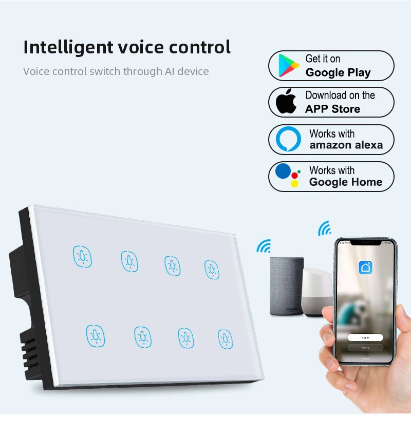 8Gang Intelligent Touch Switch WiFi Supports Alexa, Google Assistant, Tuya APP to Control Light Switch UK Standard