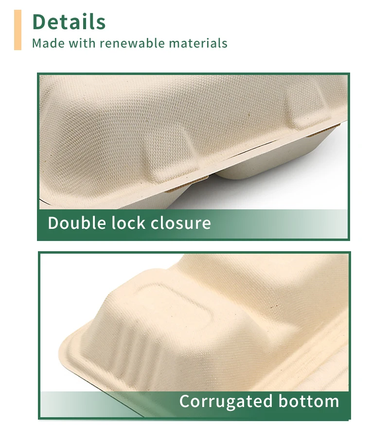 Custom 6x6 Inch Take Away Lunch Packing Fast Food Container Biodegradable Clamshell Bagasse Hamburger Sugarcane Burger