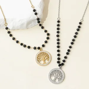 Personality Simple Stainless Steel Hollow Tree Life Diamond Pendant Necklace Cutting Geometric  Women's