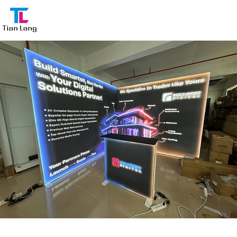 Modul Penyuaian Reka Bentuk Lipat Mudah Dibawa Iklan Bingkai Aluminium SEG Kain Paparan LED 10x10 Booth Pameran Dagang