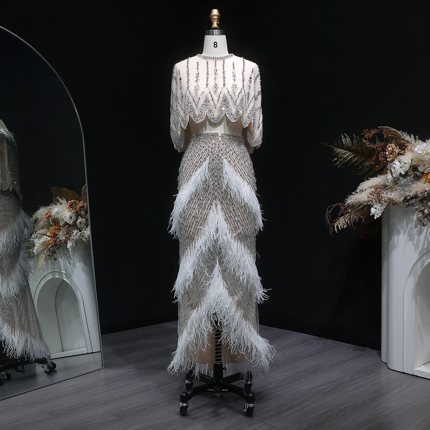 Sharon Said SS363 Luxury Crystal Beaded Dubai White Feathers Two Pieces  Evening Dresses for Women