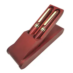 Factory Supply Luxury Branded 2 Red Wood Roller & Fountain Pen with Custom Logo Premium Gift Red Wood Ballpoint Pen Set with Box