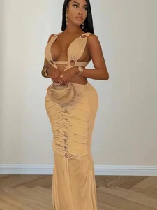 Women's Elegant for Hollow Maxi Dress Summer Hot Sale Sexy Sleeveless Bodycon Pleated Satin Knee-Length Party Dress