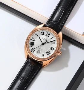 China Factory SKMEI 2183 Diamond Luxury Genuine Leather Strap Watch Lady Quartz Date Trending Watch Gift Box