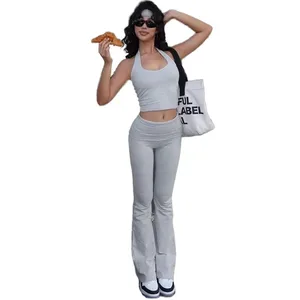 New New Arrival Summer Women Casual Yoga Gym Halter Backless Tank Crop Top Two Piece Pants Sets Wide Leg Pant Set