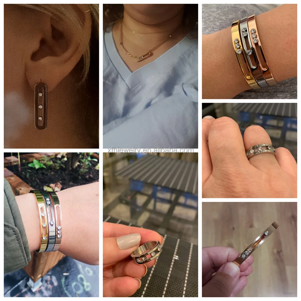 New Arrival Stainless Steel Gold Jewelry Set For Women 3 Moving Stones