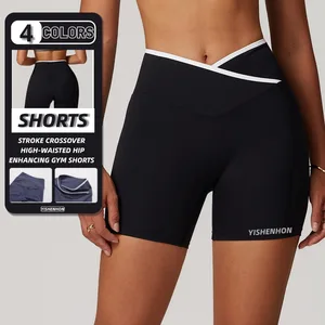 YISHENHON Wholesale Custom Tight Nude Feel Peach Hip-Lifting Sports Cross High-Waisted Yoga Pants Women Outdoor Fitness Shorts
