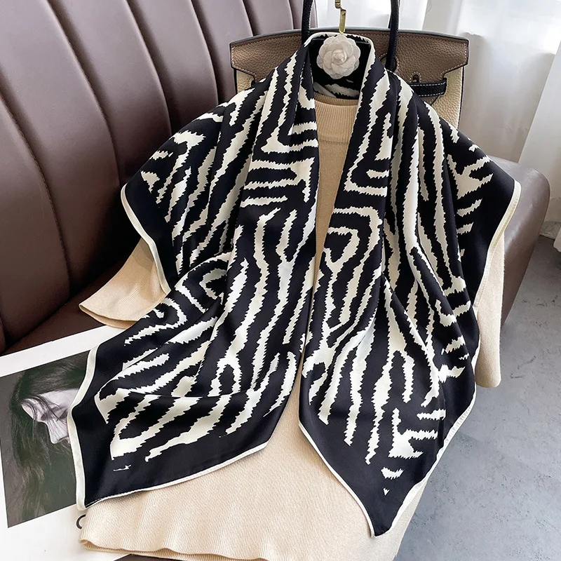 Spring Summer High Quality 90x90cm Animal Zebra Pattern Printed Women Silk Hair Scarf Ladies Silk Square Head Scarf Hijabs
