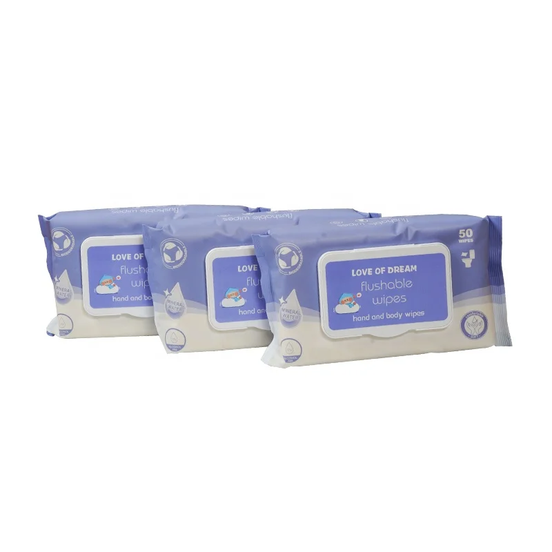 WW5550 Custom Logo 55g Biodegradable Non Woven Single Pack Wet Wipes Hand Body Flushable for Baby Adults 50Pcs Cleansing Wipes