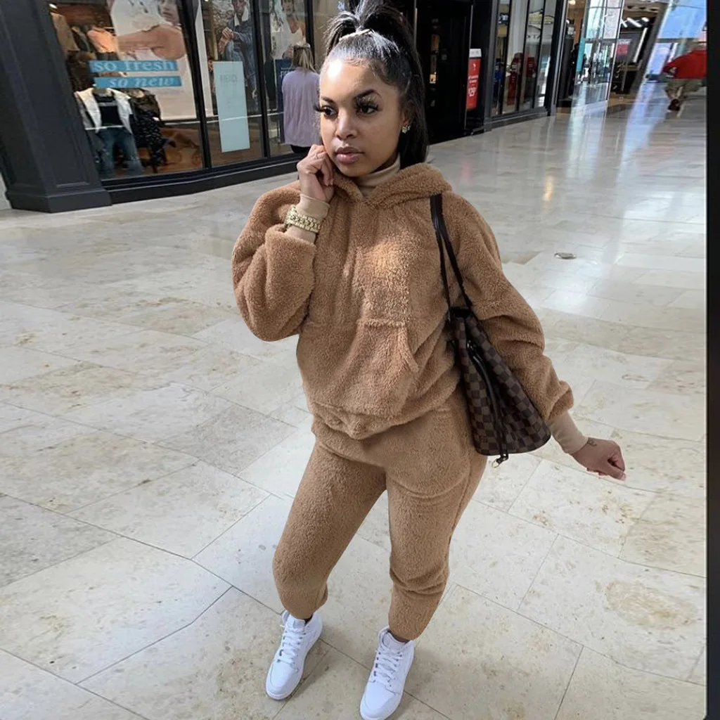 2021 Warm Fluffy Thick Sweatsuit Teddy Cute Fuzzy Hoodie Two Piece Set Matching Set Plus Size Fall Clothing Women Winter Outfits