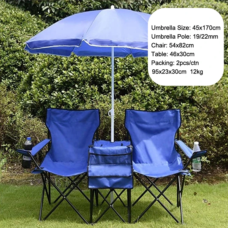 Double Portable Folding Chair Camping Picnic W/Umbrella Table Cooler Beach Chair 