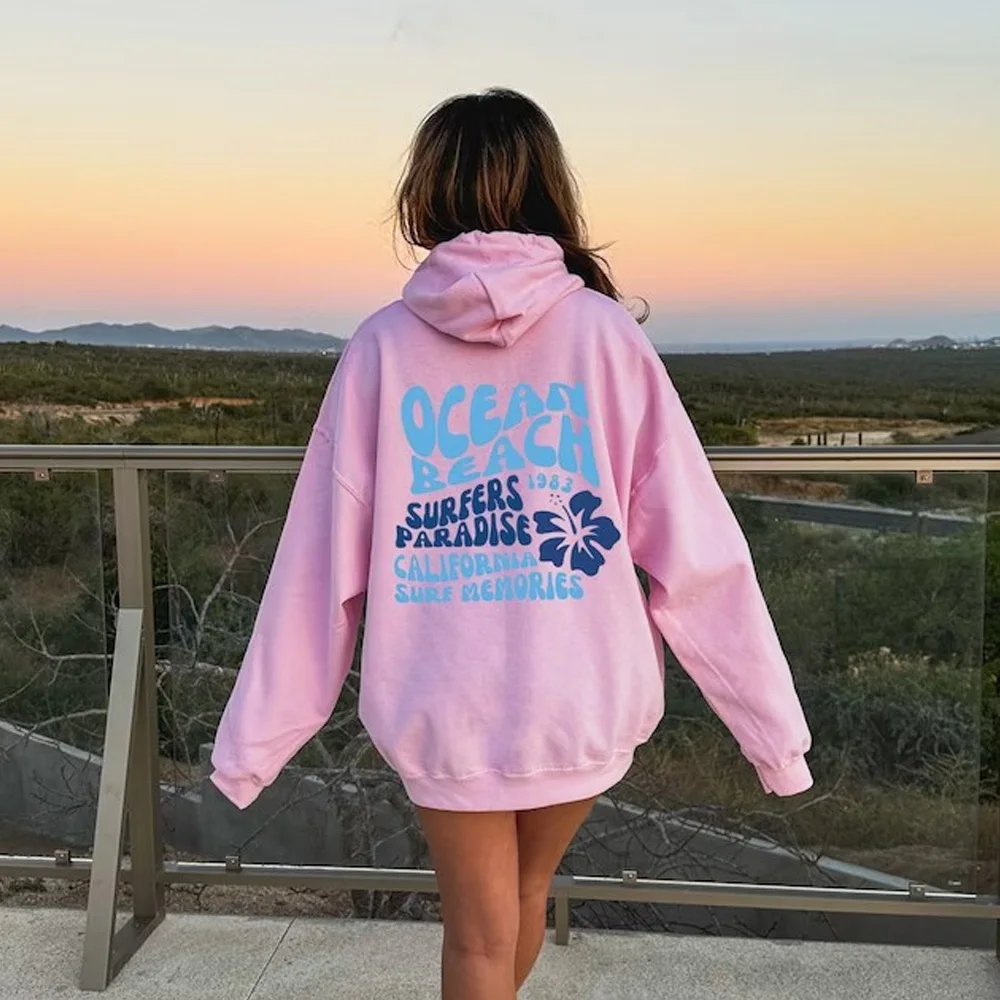 White Oversized Hoodie With Blue Ocean Graphic Women's Casual ...