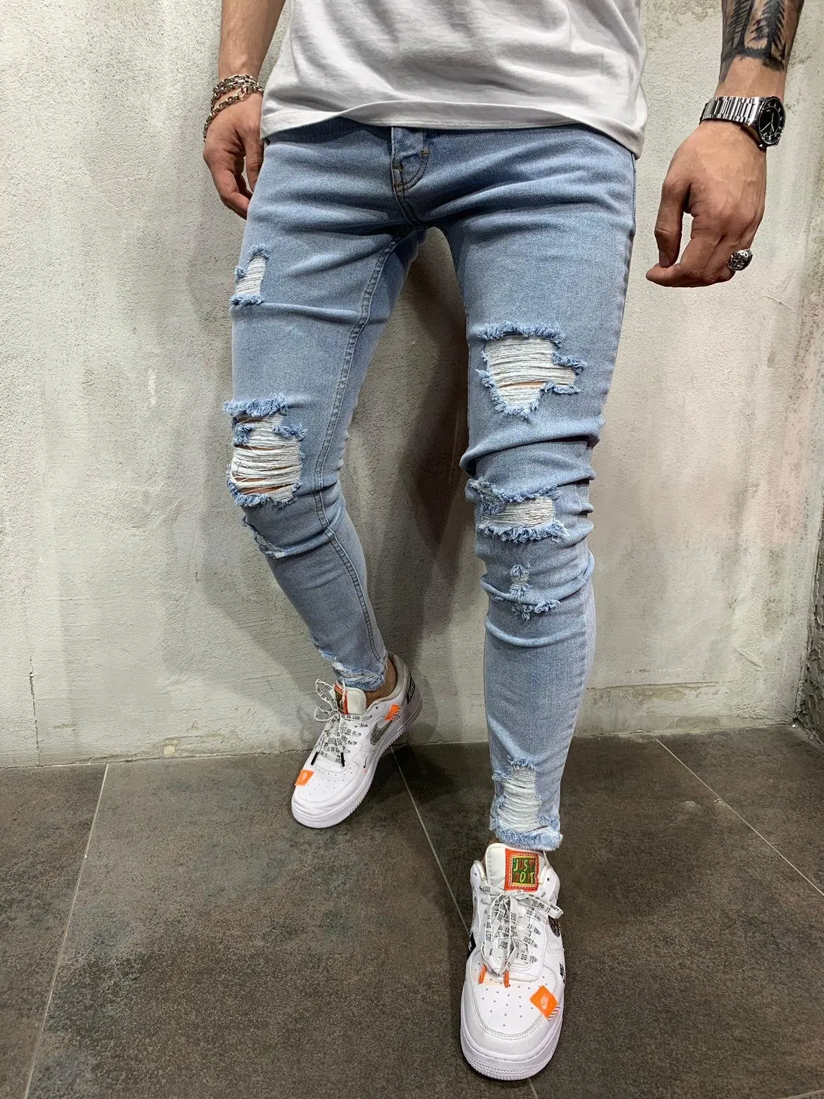 Custom Wholesale Fashion Hole Jeans Tapered Mens Scratch Pants Fit Slim