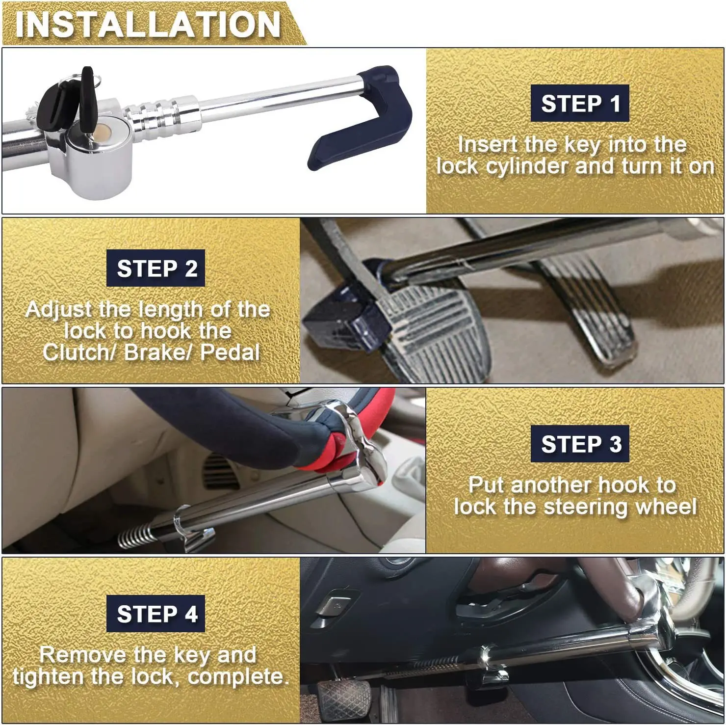 Factory Price Hot Selling Car Anti-theft Universal Carbon Steel Material Three-section Hook Lock Steering Wheel Lock