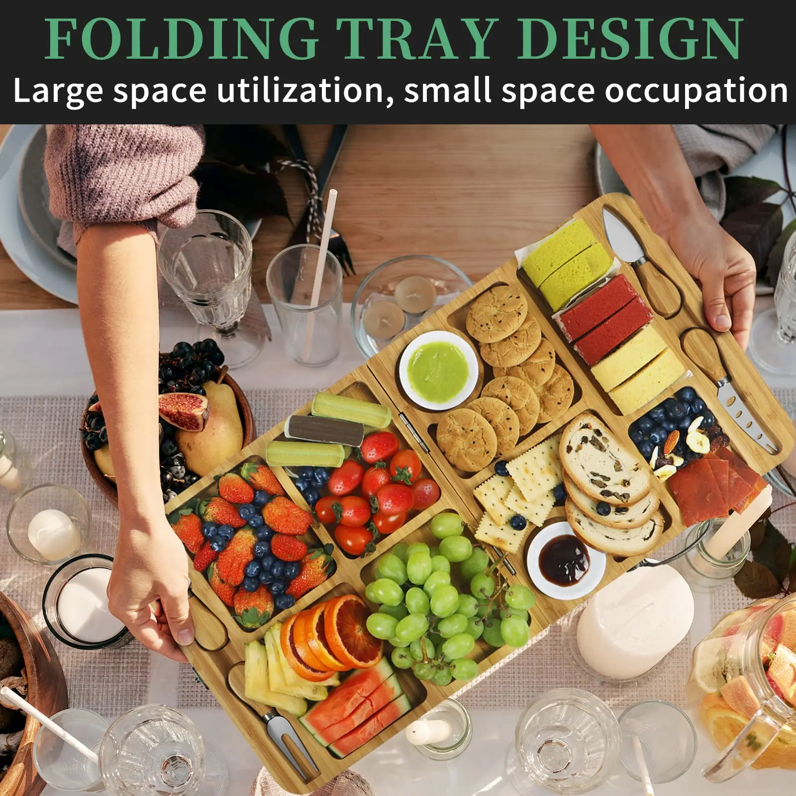 Outdoor Picnic Camp Portable Folding Foldable Large Bamboo Cheese Board ...