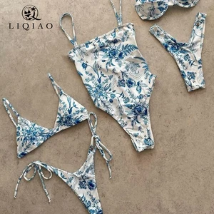 Floral Print Push up Halter 2-Piece Swimwear Set with Tummy Control for Women Beachwear