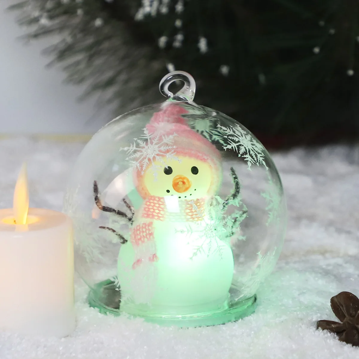 10 cm glass LED bauble with mini glass snowman animated plush knit doll craft figurines inside hanging ornaments details