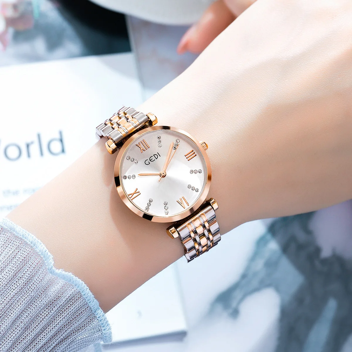 Gedi Luxury Women's Wristwatches Hot Crystal Diamond Japan Movement Quartz Stainless Steel Band Glass Dial Relogio Feminino