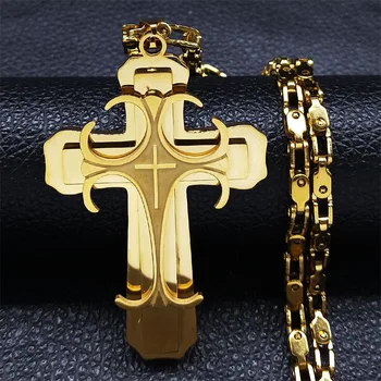 Gold Stainless Steel Jesus Cross Necklace Hollow Cut Pendant Religious For Men Cuban Necklace