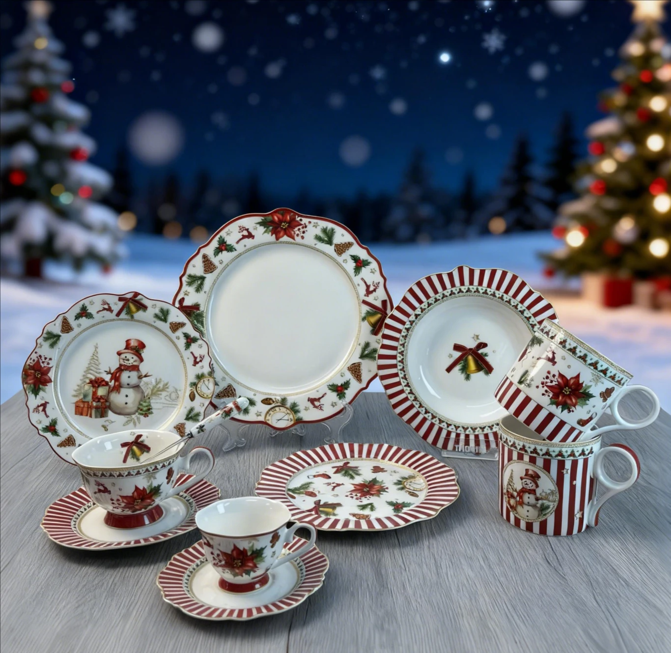 Εορταστικό Σετ Τραπεζικής Επίστρωσης για Χριστούγεννα (Σερβίτσκο για 4) - Πορσελάνινα Σκεύη με Θέμα Χιονάνθρωπο & Ποινσέτια και Κόκκινες Λωρίδες