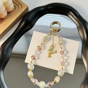 Luxury-luxurious Style Beaded Popcorn Crystal Bead Mobile Phone Chain Alloy butterfly High-end Gold Foil Bead Keychain Chain