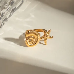 MW Women's Minimalist Fashion 18K Gold-Plated Stainless Steel Ring - Ocean-Style with Starfish & Conch Design, Adjustable
