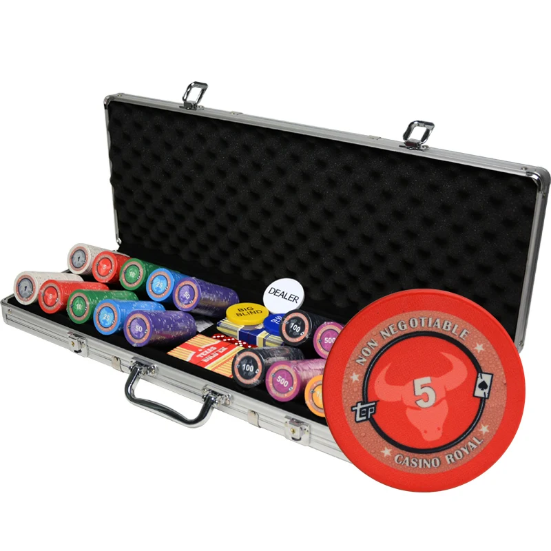 Набор глиняных покерных чипсов высокого качества с черным круглым углом в алюминиевом