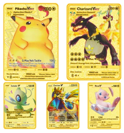 Fast Shipping Custom New Trading Cards Game Charizard Pikachu Vmax GX Gold Card Metal Popular Pokemoned Playing Cards